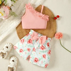 Newborn Baby Girls Clothes Set Pink Suspender Top +Bow Flower Printed Shorts Infant Girl Fashion Summer Toddler Outfit