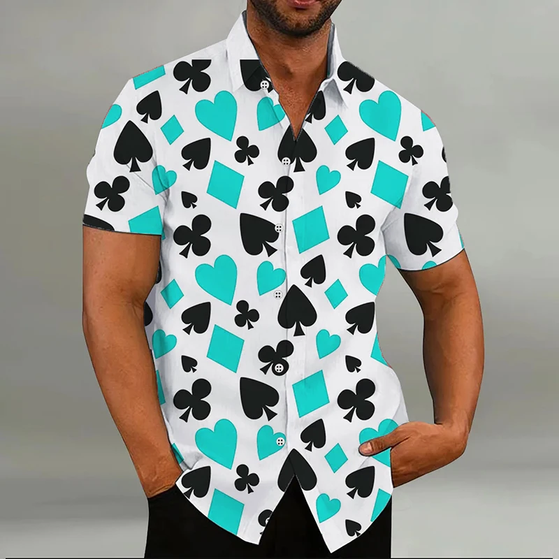 Camisa de lapela impressão 3D masculina, manga curta, moda rua ao ar livre, camisa estilista, corações, espadas, 8 cores, casual, rua, moda