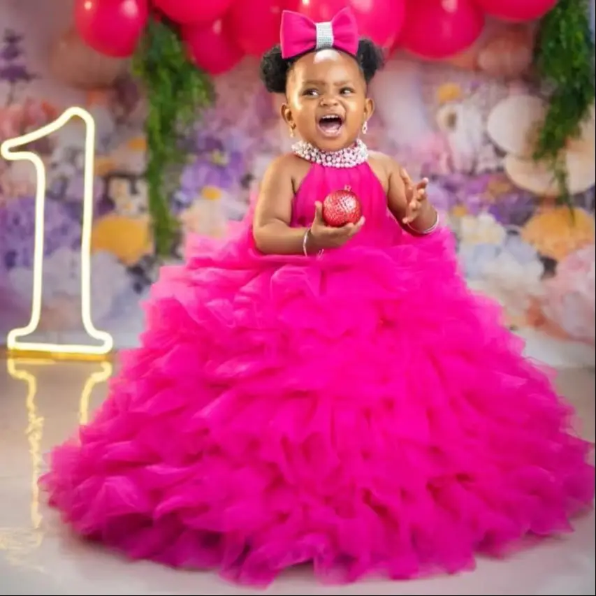Hot Pink Fluffy Tulle Baby Girls Birthday Dress Pearls Princess Pageant Gown Infant Girl Party Photography