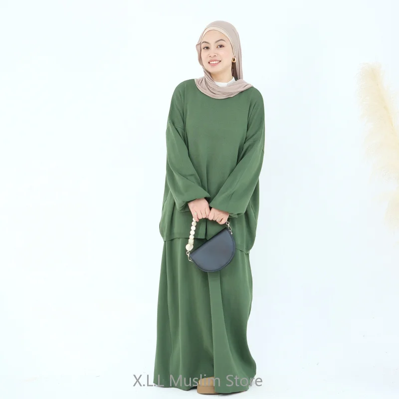 Womens 2 Peice Modest Thickening Knitting Suit Solid Color Multi-Color Long Loose Two-Piece Set Turkey Dresses For Women Luxury