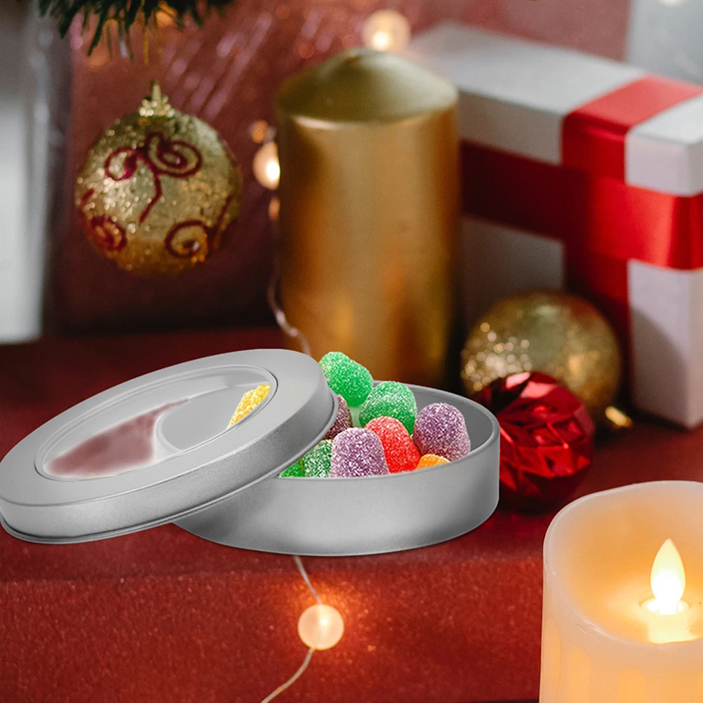 

4pcs Round Tinplate Box With Lid Holiday Christmas Cookie Tin Clear Window Small Empty Storage Canister For Baking Candies