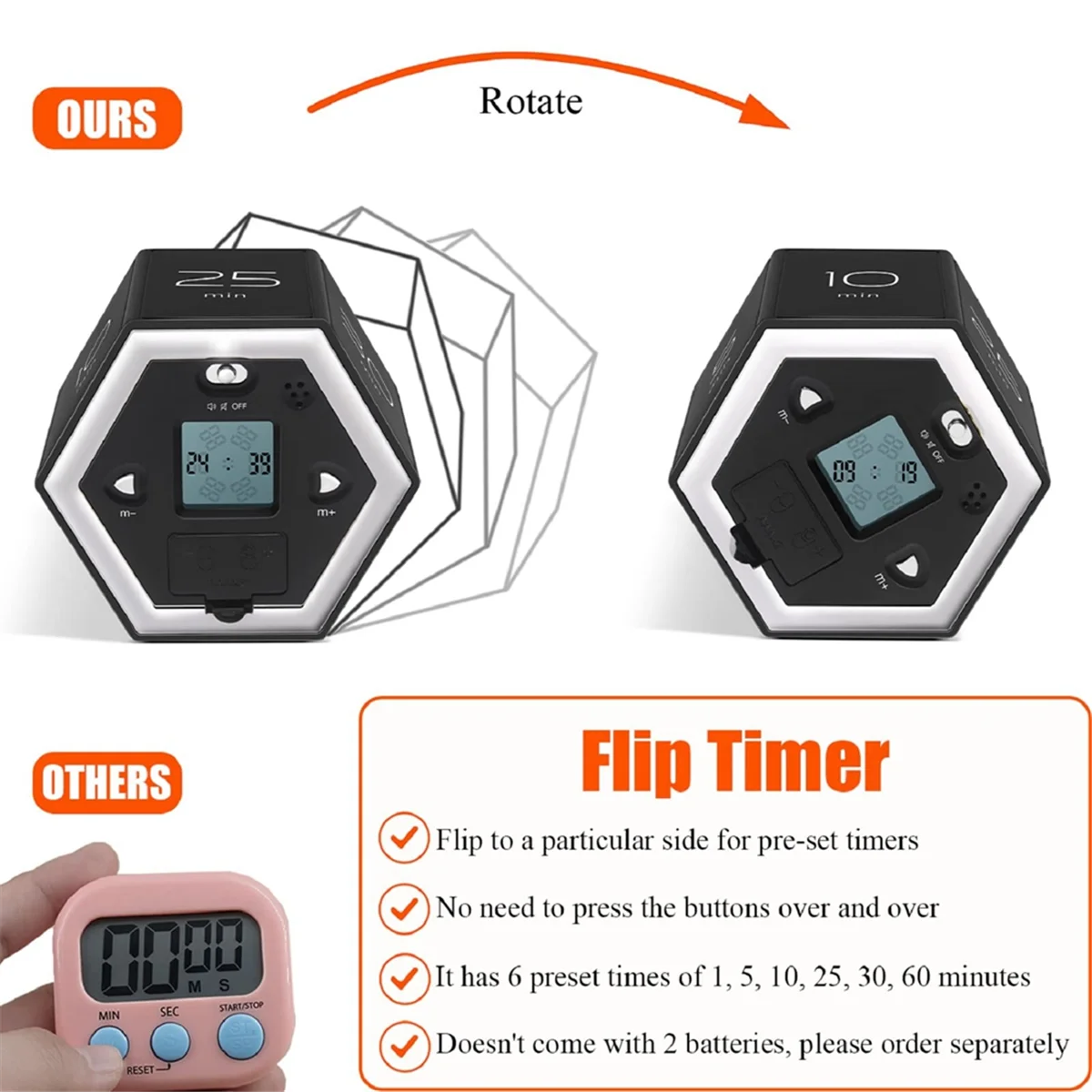 Hexagon Flip Timer with Mute & Alarm Function- Kitchen Timer Easy to Use -Time Management Pomodoro Timer for Kids Black