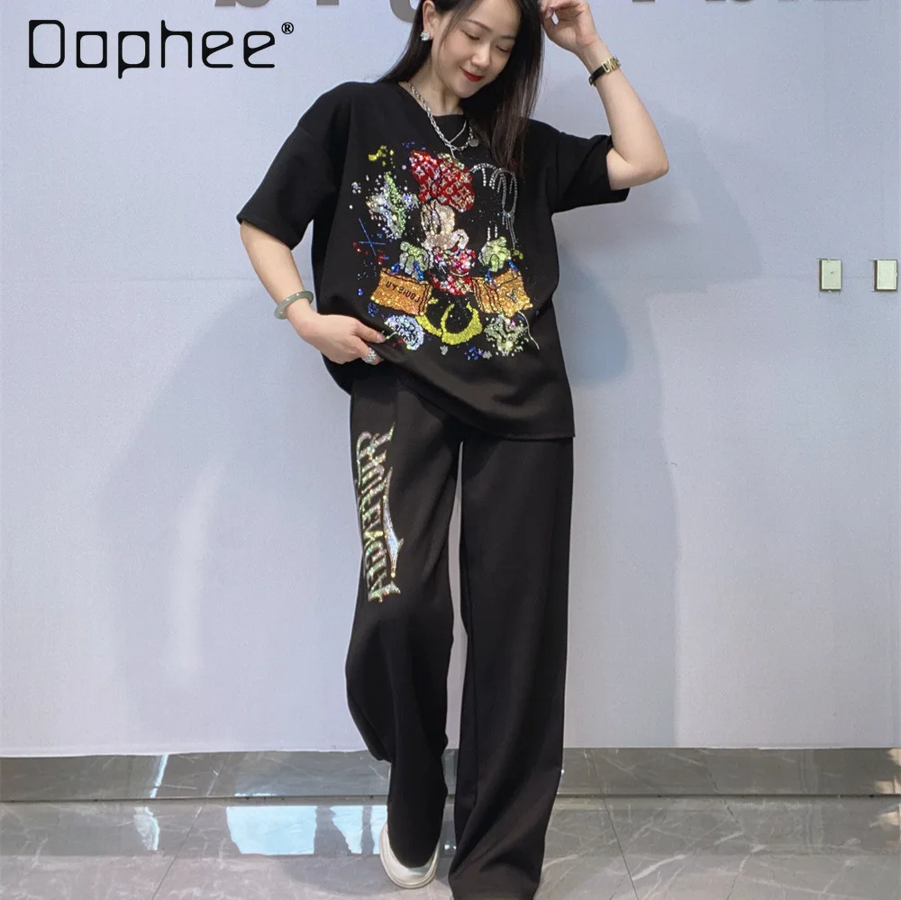 

Cartoon Hot Diamond Fashion Pant Suit Women's 2026 Spring Summer Short-sleeved T-shirt + Wide-leg Pants Two-piece Sets