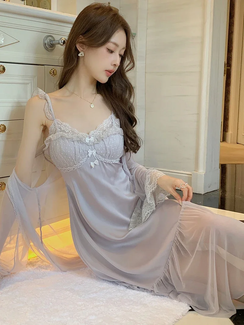 

French Sexy Mesh Princess Nightgown Women Summer Sweet Pure Silk Lace Fairy Sleepdress Robe Two Piece Victorian Pajamas Homewear