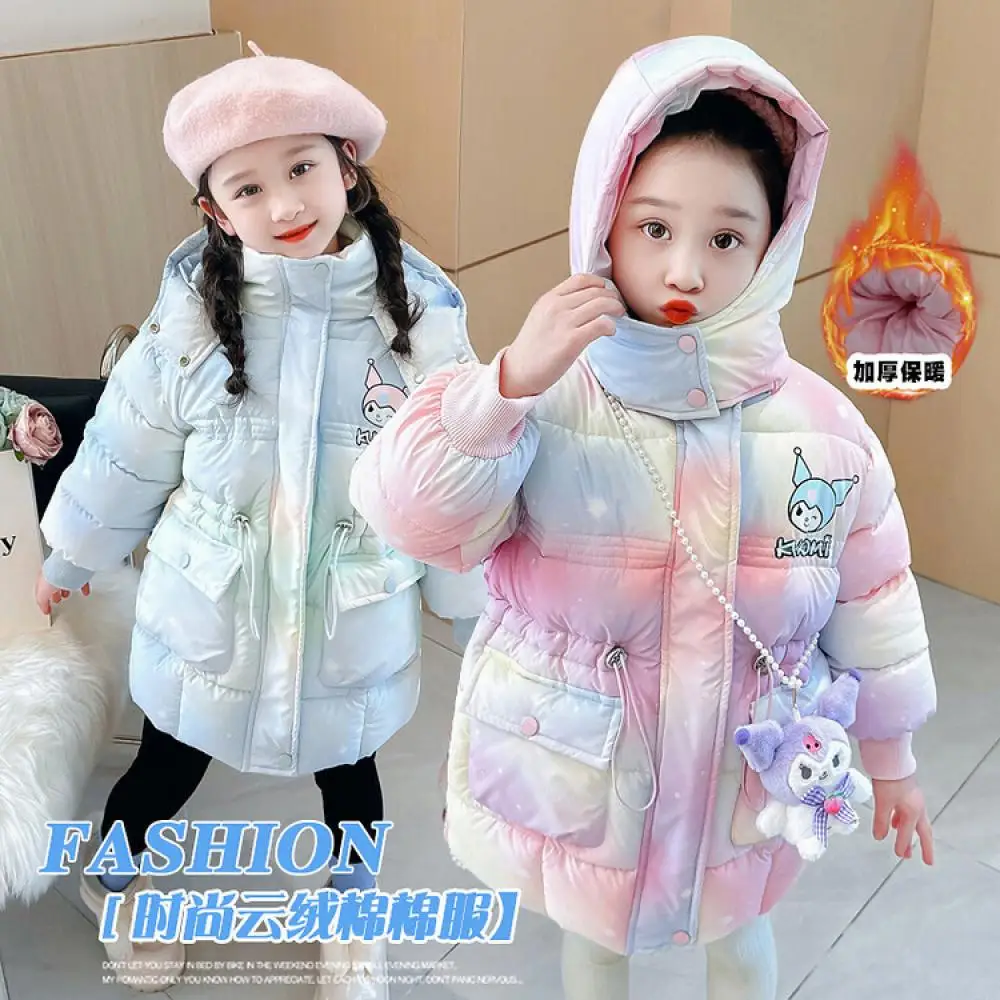 Kawaii Anime Girls Thicken Cotton Padded Jacket Sanrio Cartoon Winter Cotton Coat Cute Colorful Child Medium Length Warm Tops