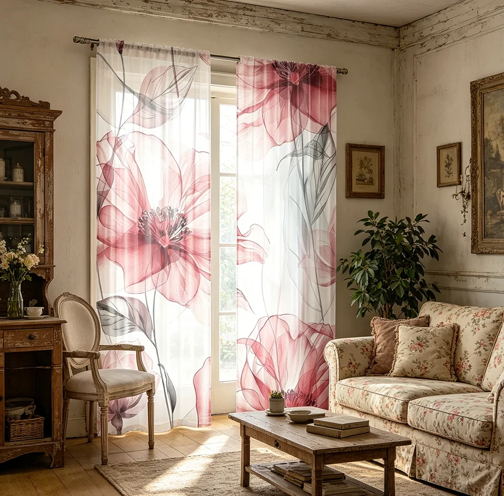 2PCS Digital Printing Sheer Curtain, Translucent Pink Floral Ink Pattern, Modern Artistic Abstract Romantic Home Decor