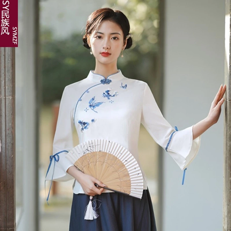 

Tang Costume Women's Chinese Style Vintage Buckle Improved Cheongsam Top Female Summer Tea Artist Cotton And Linen Clothing