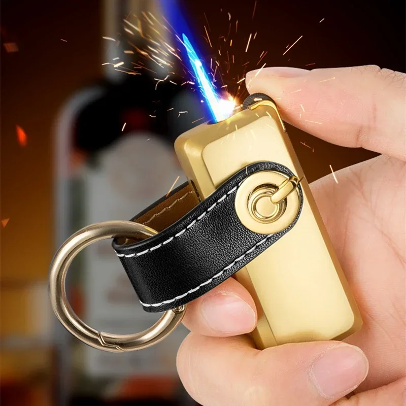 Mini Keychain Inflatable Lighter Metal Windproof Blue Jet Flame Grinding Wheel Butane Portable Lighter Men\'s Small Tool