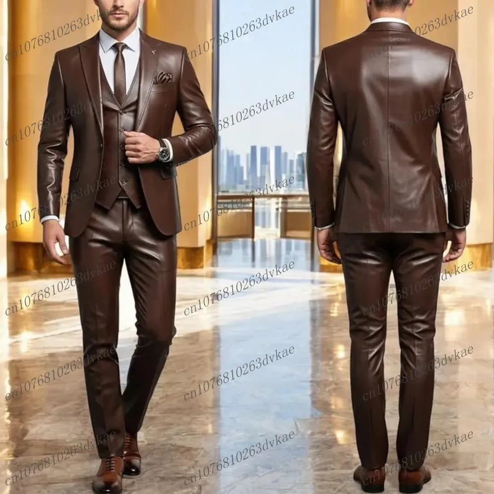 

New Brown Satin Men Suit Wedding Party Formal Groom Groomsman Prom Business Male Tuxedos 3 Piece Set Jacket Vest Pants