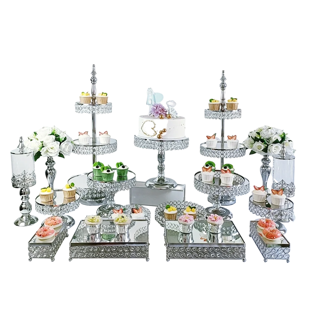 3Pcs -17Pcs/lot 3 Tiers Cupcake Tower Stand with Hanging Crystal wedding Party Cake Tower cake stand set Silver color baby show