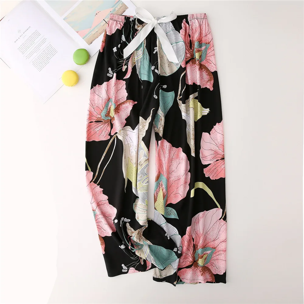 Summer Sleepwear Women Pants Pajama Printed Wide Leg Sleep Bottoms Cotton Pants Calf-Length Pants Elastic Waist Casual Clothes