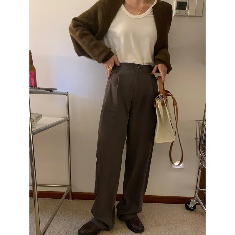 

Женские повседневные брюки PiJiUu прямого кроя с высокой талией, свободные, стройнящие, черные, в корейском стиле, для офиса и повседневной носки