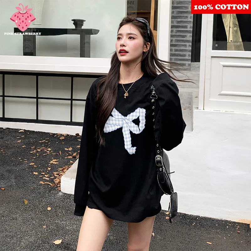 

American style Sweet Bow Print T-shirt Women Autumn 2025 New Fashion Black Long sleeved Tee Loose Casual Y2k Top Female Clothing