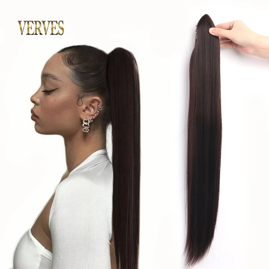 VERVES Ponytail Extensions Synthetic Claw Clip On Ponytail Hair 22 Inch Straight Clamping Brown Black Hairpiece For Women