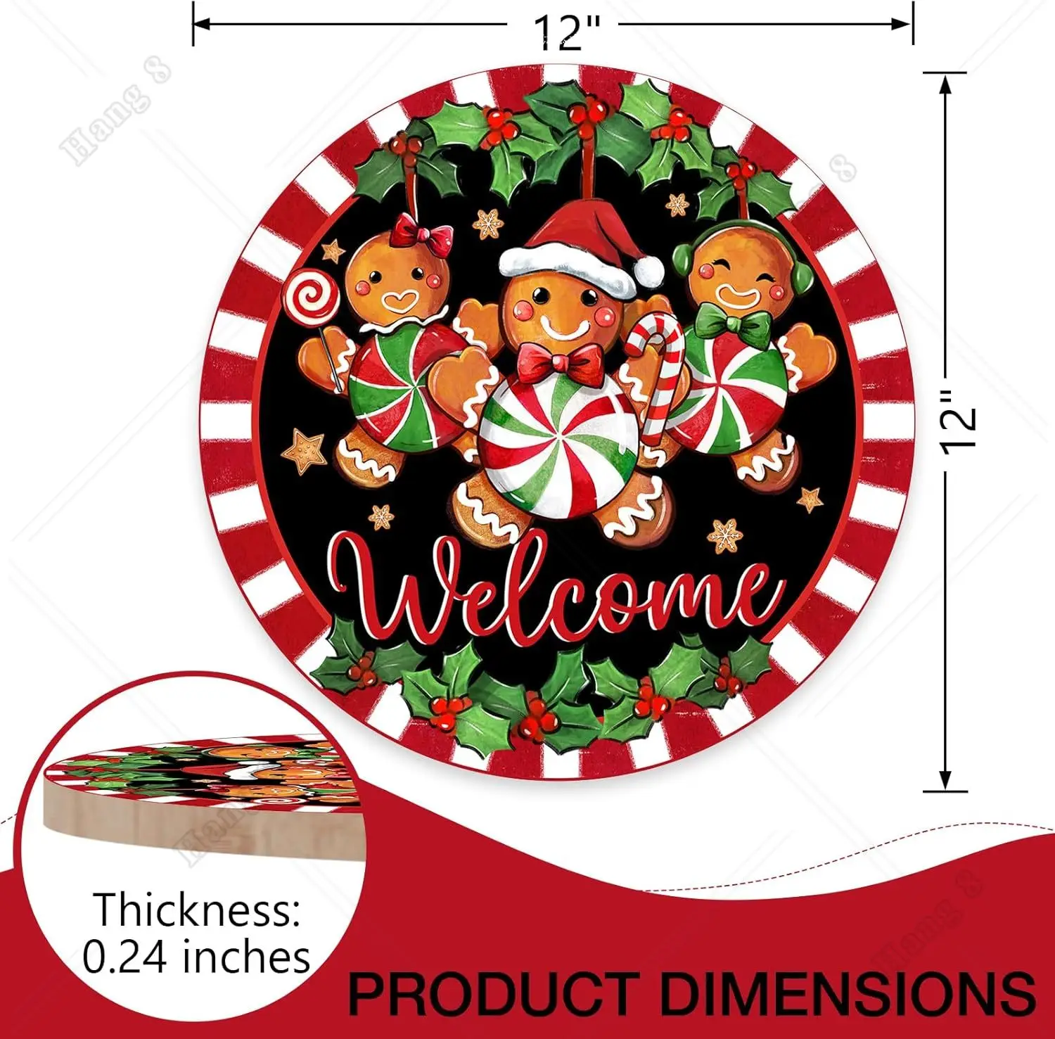 Welcome Christmas Gingerbread Man Front Door Sign Xmas Peppermint Candy Wood Door Hanger Outdoor Outside Porch Decor