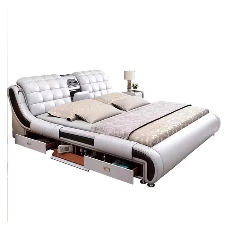 Nordic Bedroom Furniture, Leather Multifunctional Luxury Modern Smart Bed with TV