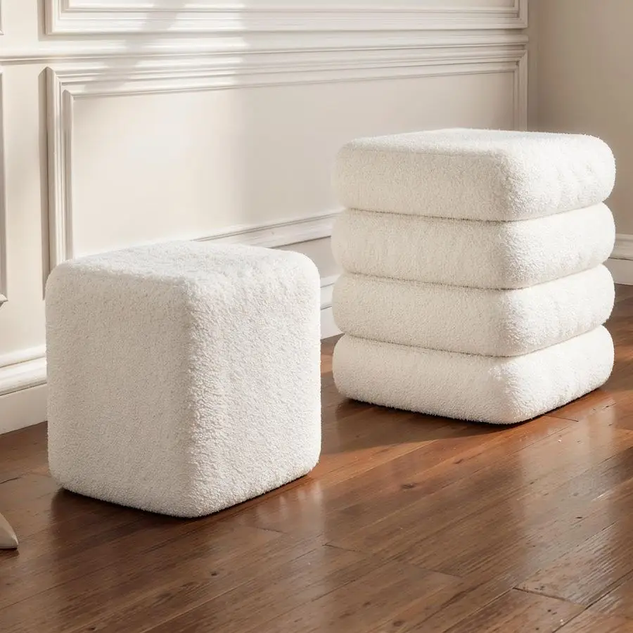 Set of 2 Sherpa Nesting Storage Ottoman Stool Boucle Vanity Stool Footstool with Removeable lid Load up to 440 lbs for Livingroo