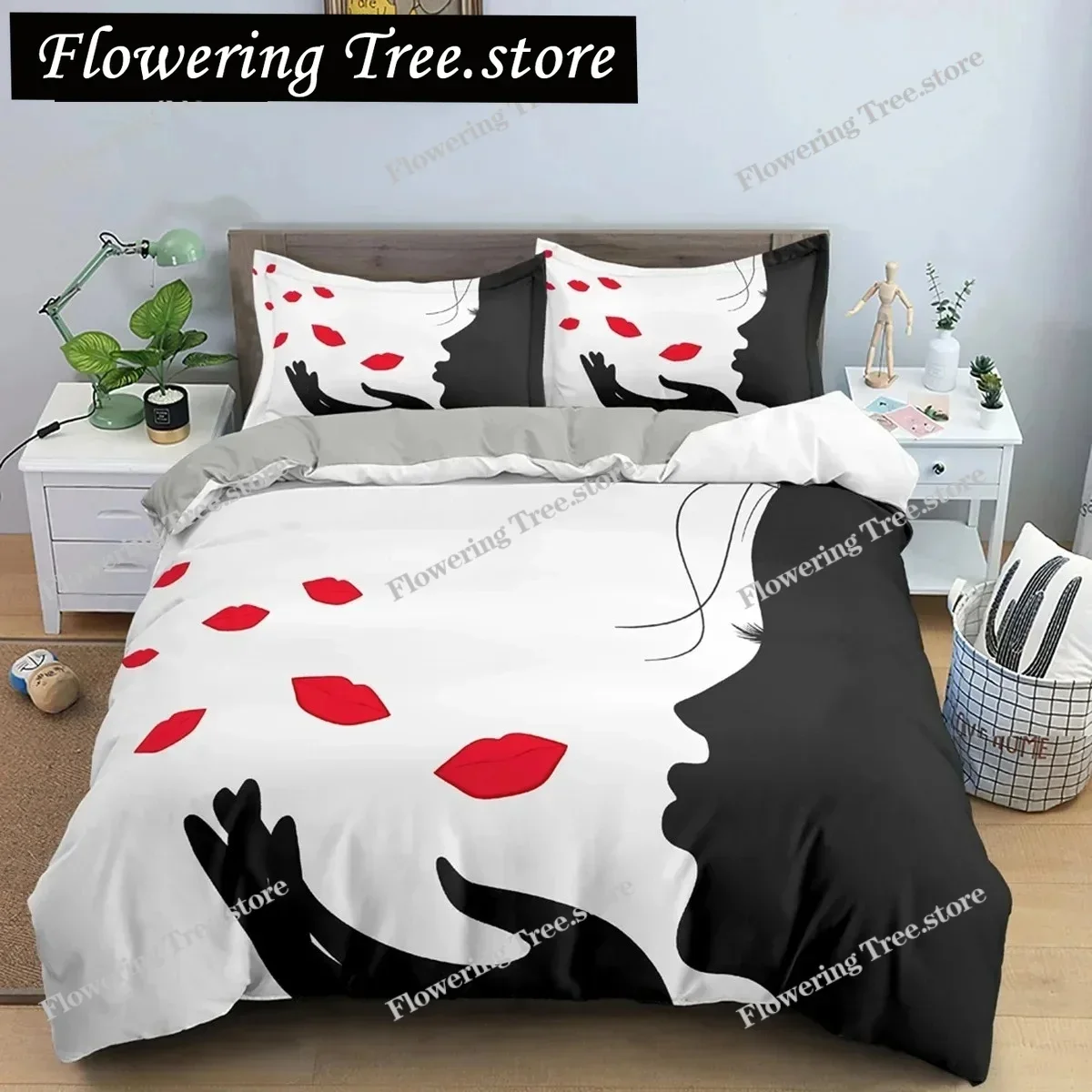 Hand-drawn Woman Portrait Duvet Cover Set Microfiber Black And White Floral Background Bedding Set For Girls Quilt Cover