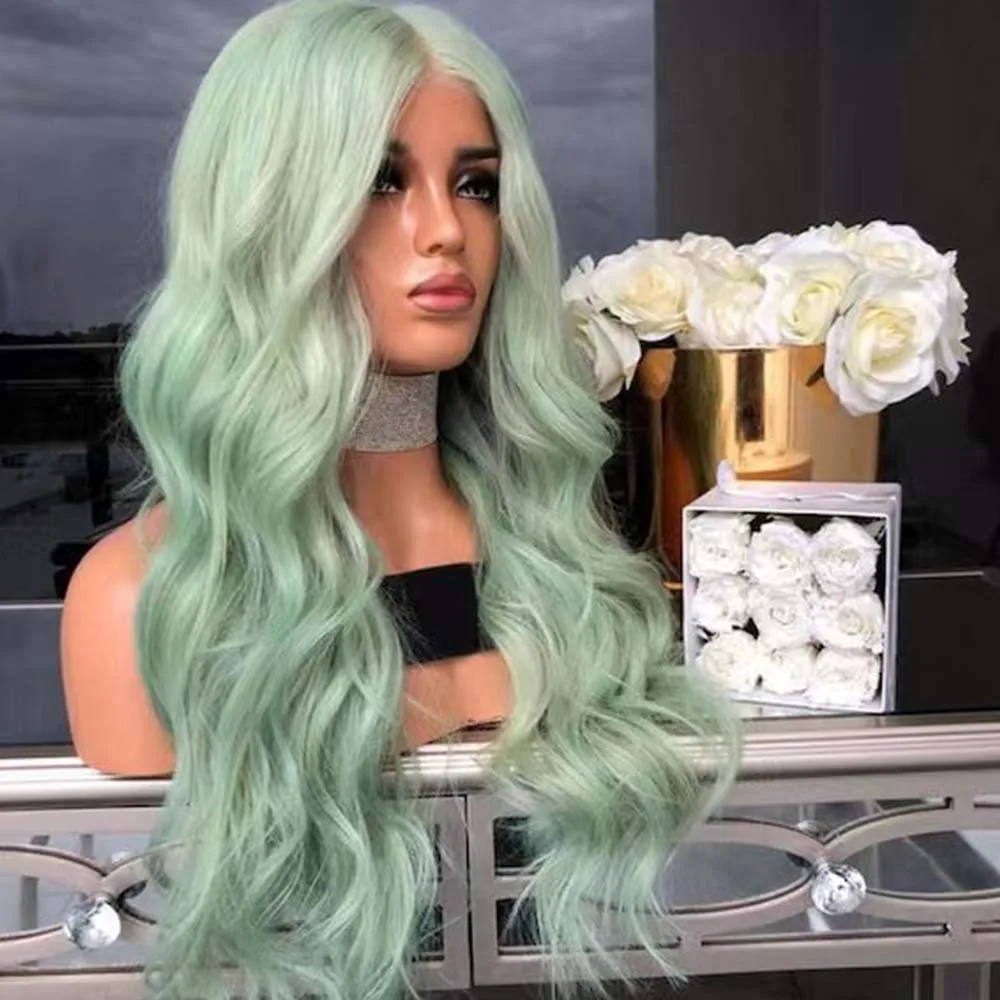 FANXITION Synthetic Lace Front Wigs with Middle Part Light Green Long Body Wave Wigs Natural Hairline Heat Resistant Glueless