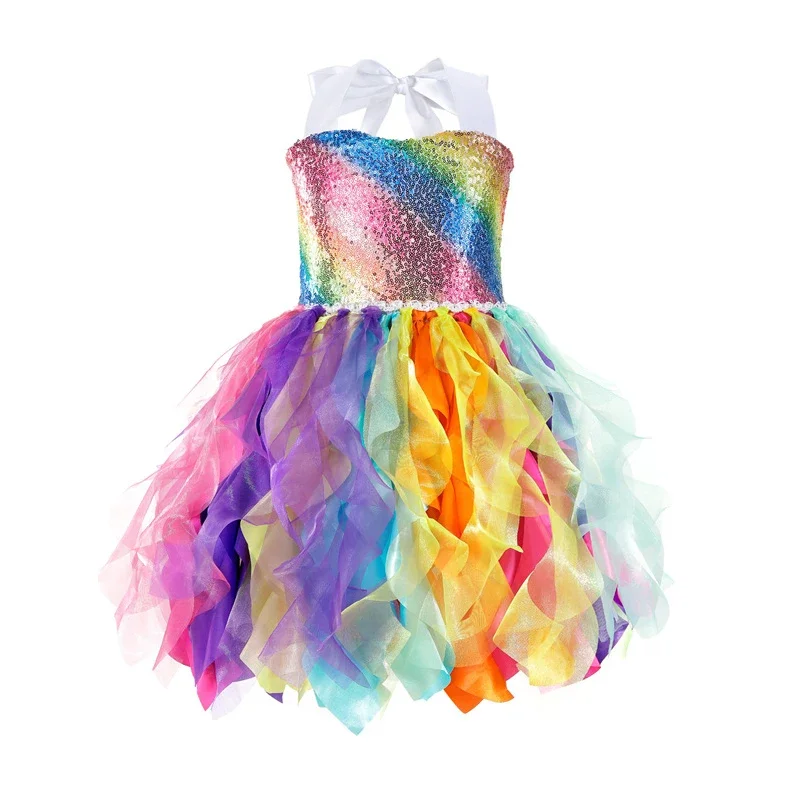 New Fashion Party Girls Dress Christmas Little Princess Dresses For Girl Summer Rainbow Mesh Dance Costume Birthday Kids Clothes