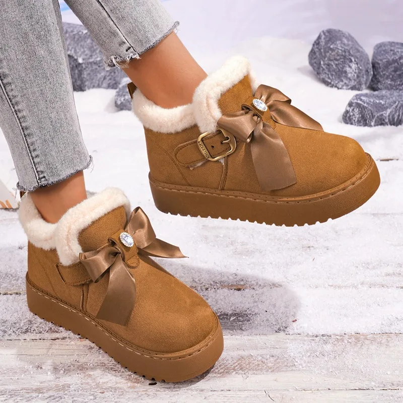 Fashion Bow Decor Buckle Strap Casual Women's Snow Boots 2026 Winter New Fleece Lined Warm Non Slip Soft Sole Comfort Women Shoe