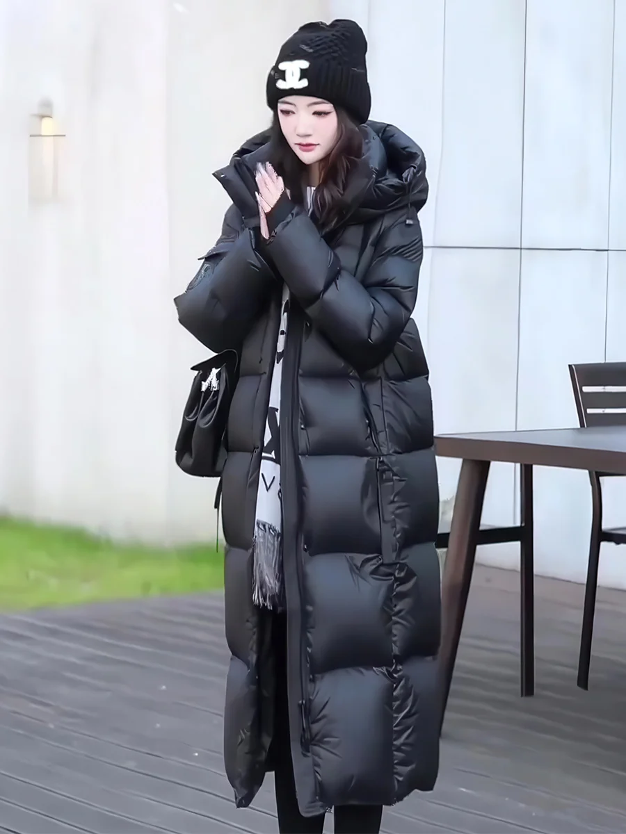 

Утепленное длинное черное пуховое пальто для женщин, зимнее, ультратеплое, с капюшоном, из белого пуха, повседневное, приталенное, на молнии