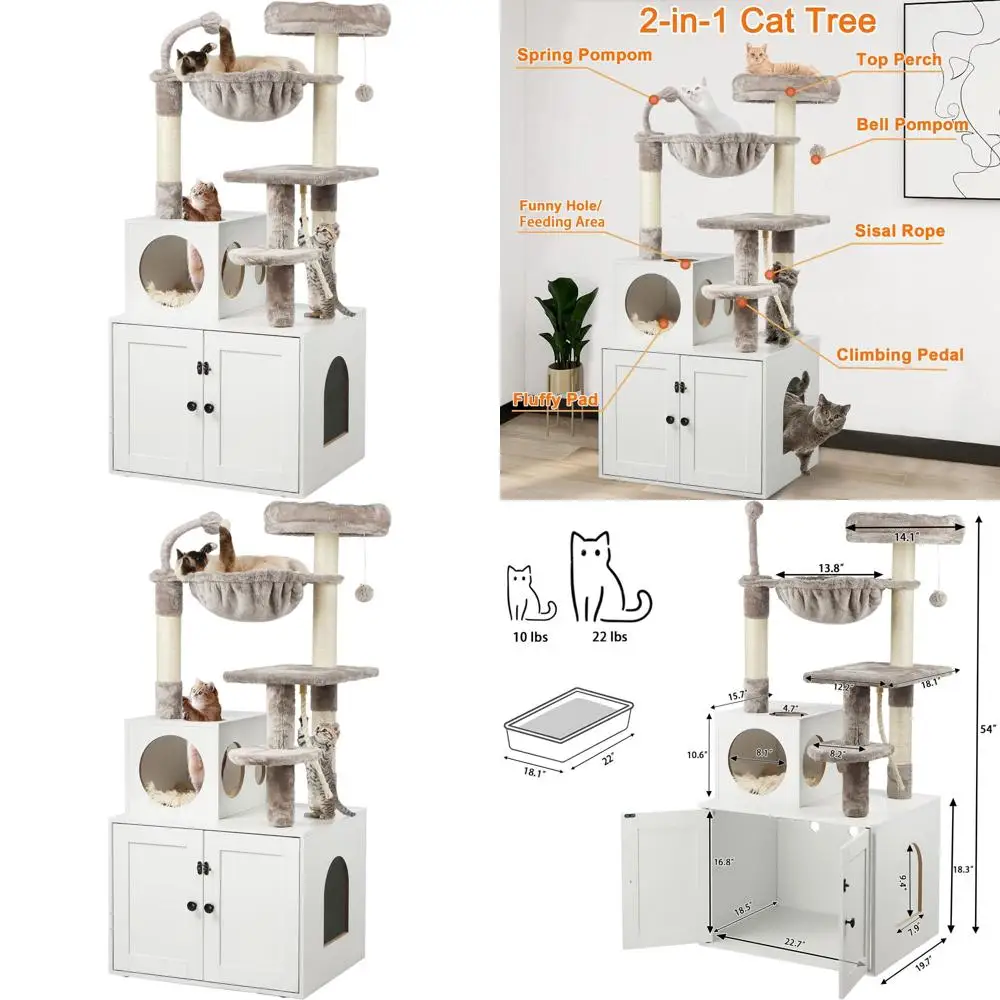 

2-in-1 Large White Wood Cat Tower with Litter Box Enclosure, Basket, Scratching Posts, and Pompoms