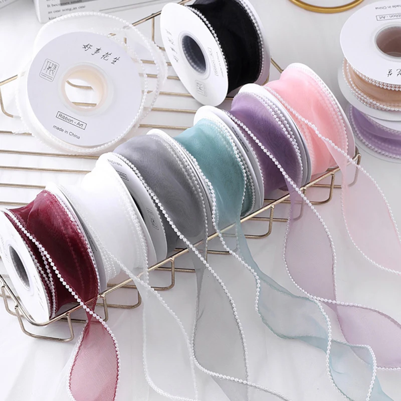 5Yards Sheer Chiffon Ribbon Pearl Fish Tail Yarn Organza Ribbon For Gift Packaging Decoration Wedding Bouquets Wrapping DIY Bow