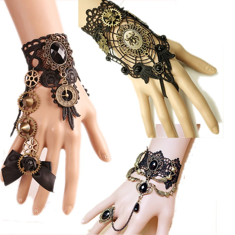 Set di anelli per catena da polso con bracciale in pizzo retrò con fiore nero Accessori da donna Guanti per decorazioni per accessori per feste a