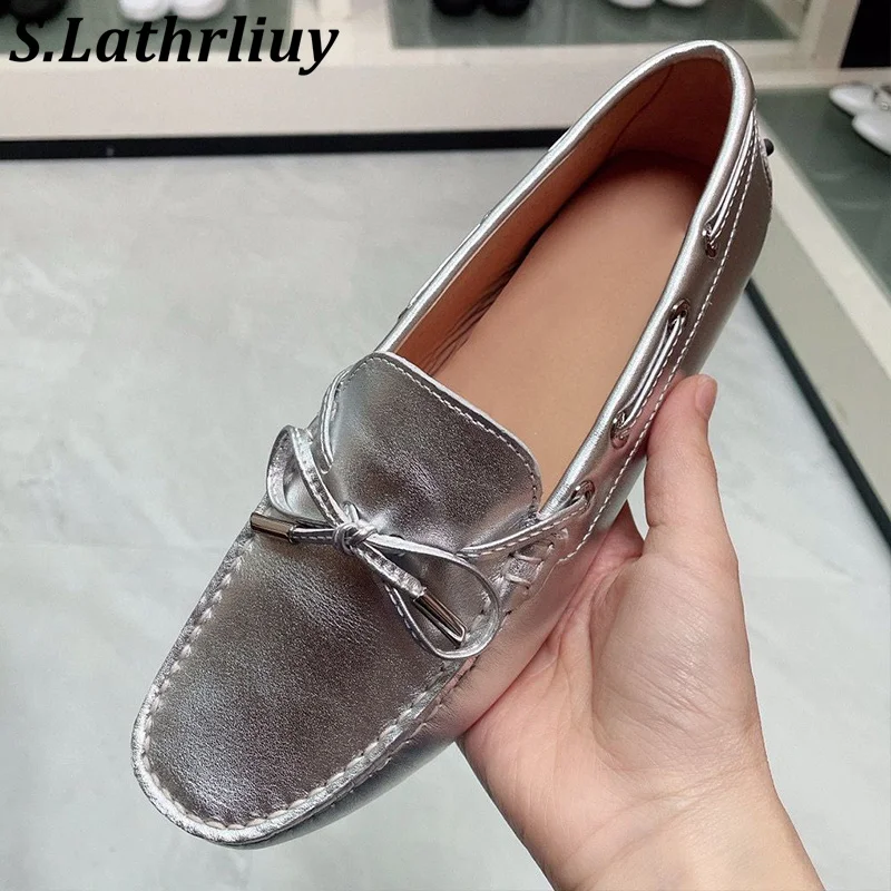 

Spring Autumn New Genuine Leather Bow Knot Decoration Flat Shoes Women's Shallow Mouth Lazy Loafers Daily Walking Single Shoes