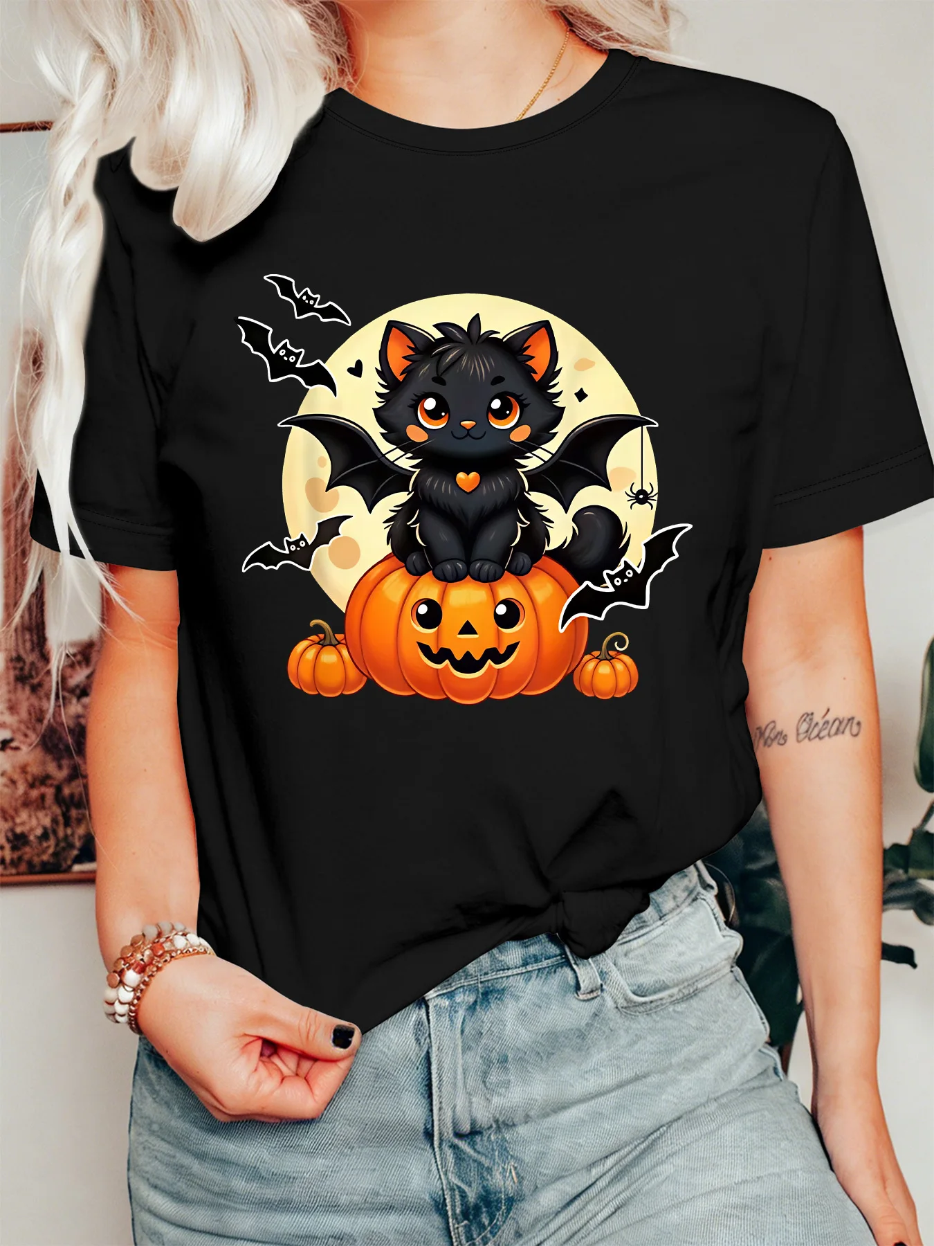 Halloween Cat Lover Womens T Shirt Black Cat Bat Wings Pumpkin Moon Spider Print Short Sleeve O Neck Party Ladies Daily Tops