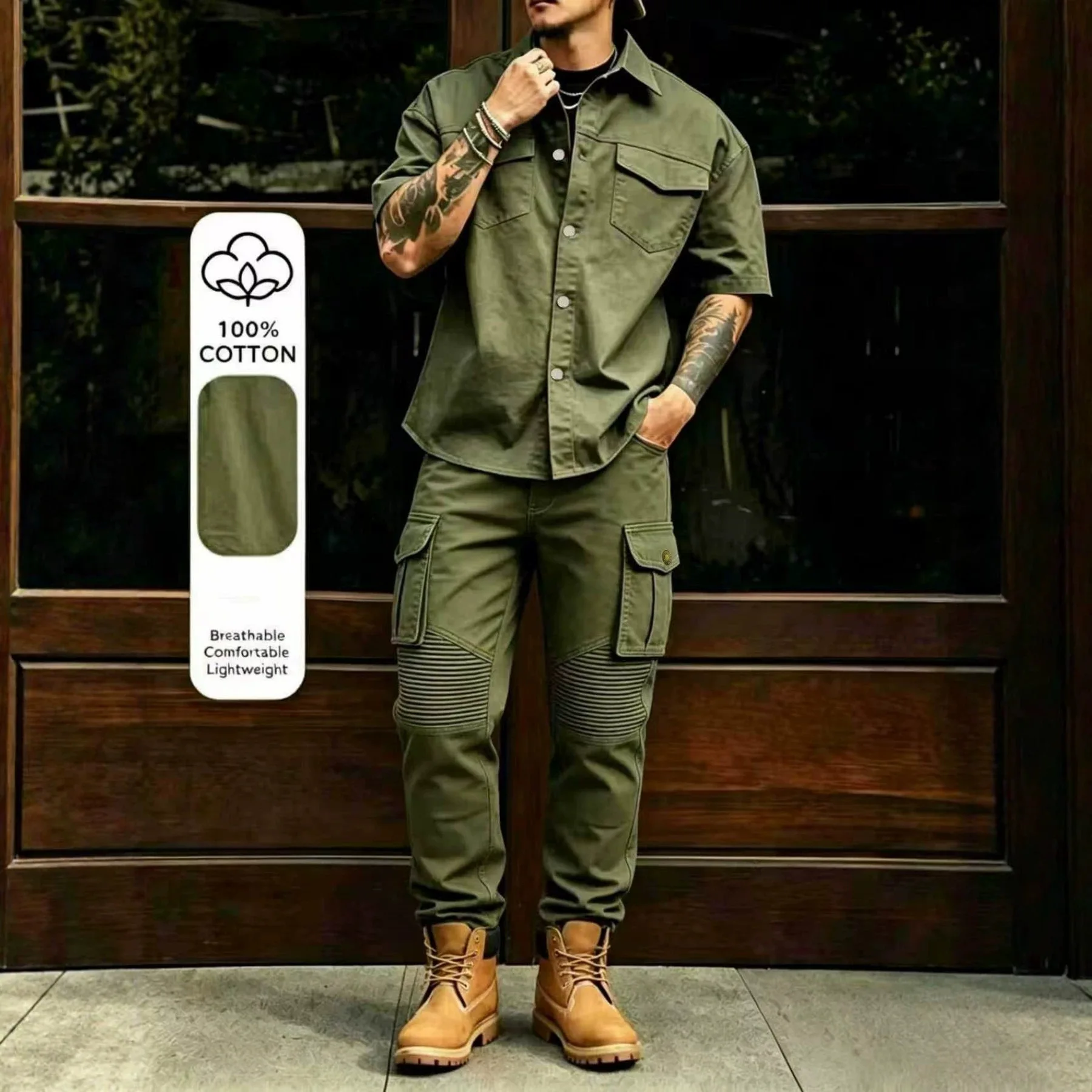 New Men's Casual Workwear 100% Cotton Multi-Pocket Short-Sleeved Shirt and Pants Set - H0448 view 3