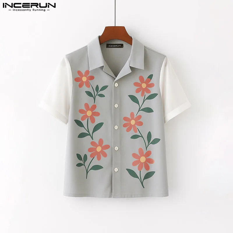 

INCERUN Men Shirts Flower Printing Patchwork Lapel Short Sleeve Men Clothing Streetwear Loose Korean Style Vacation Male Shirts