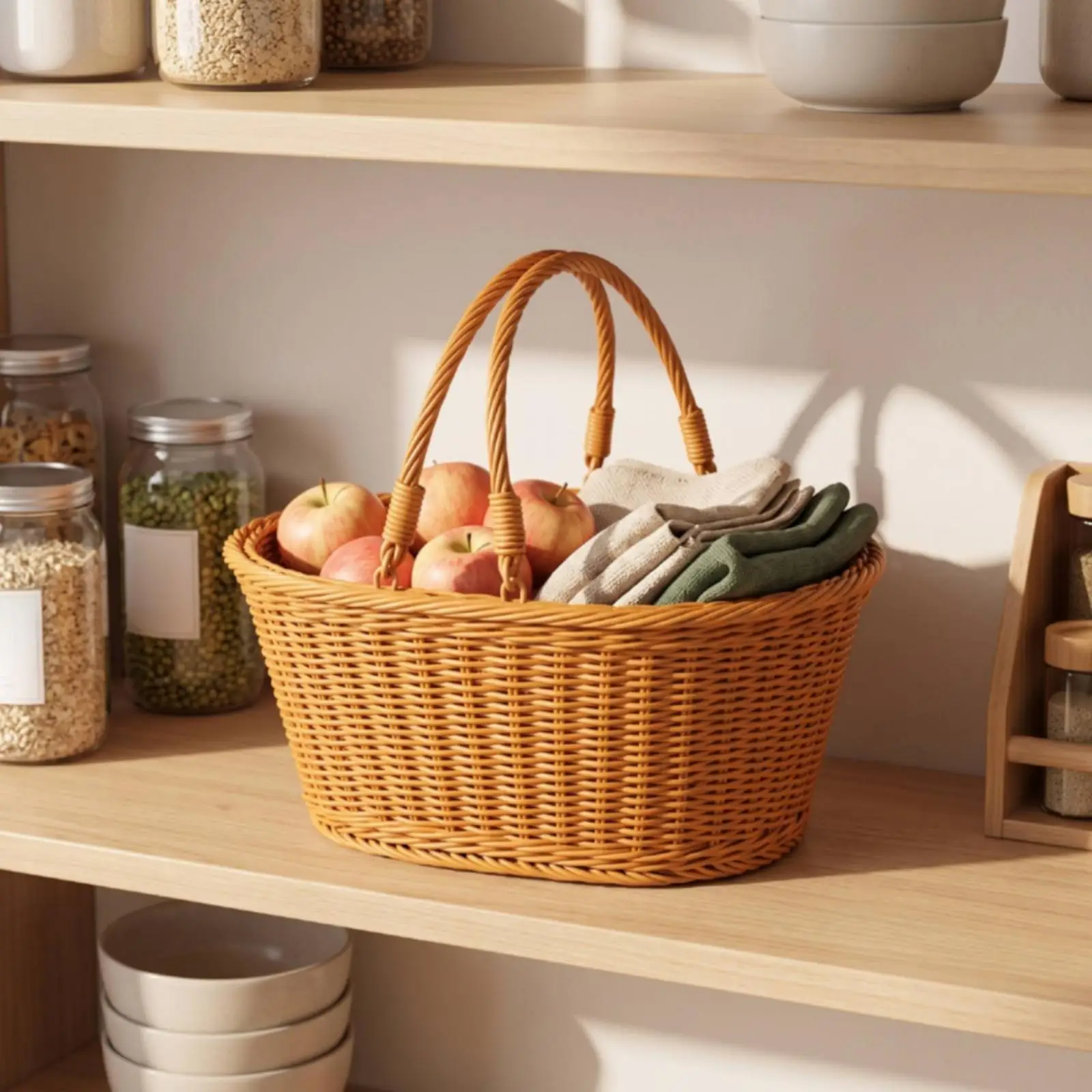 Rattan Basket with Handles Handwoven Woven Shopping Basket Oval for Home Organizing, Picnics