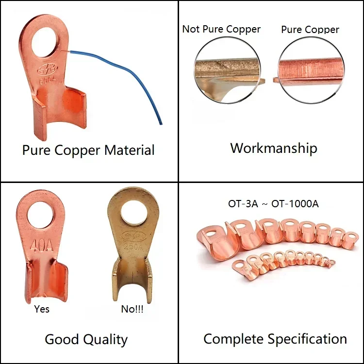 OT Type Open-End Copper Crimp Terminal Lugs 3A ~1000A Cable End Connectors Splice Wire Crimp Copper Ring Terminals