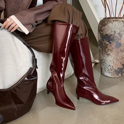 3.5CM Burgundy Genuine Leather Boots Pointed Toe Knight Botas Elegant Retro Winter Shoes Women Versatile Zapatos Mujer INS New