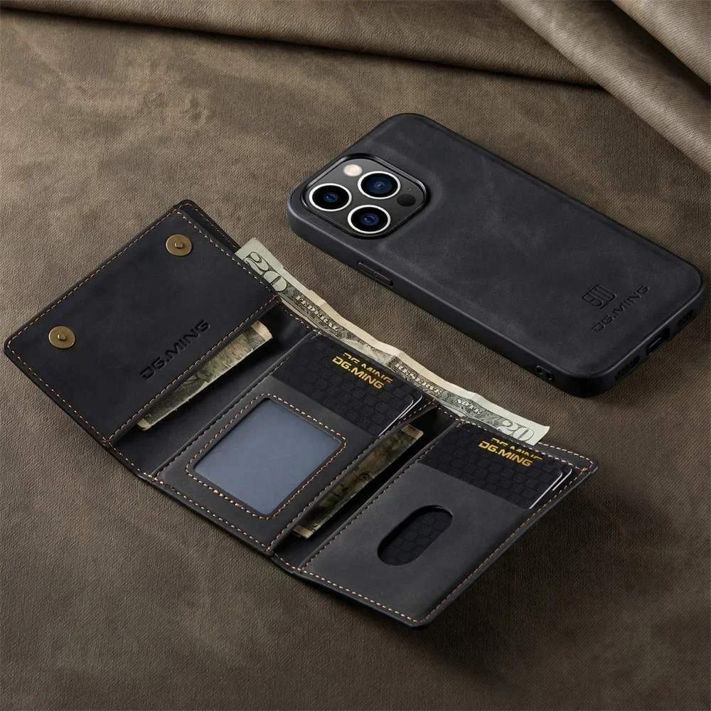 DG.Ming Retro Flip Leather Case For iPhone 17 16 15 14 13 12 11Pro Max XS Max 17e Wallet Magnetic Cover Coque Hoesje Detachable