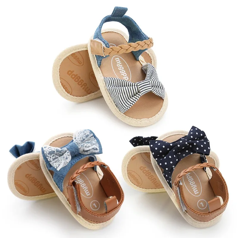 Summer Infant Baby Sandals Girls Fashion Canvas Bow-knot Sandals Newborn Girls Soft Sole Anti-Slip First Walkers Casual Sandals