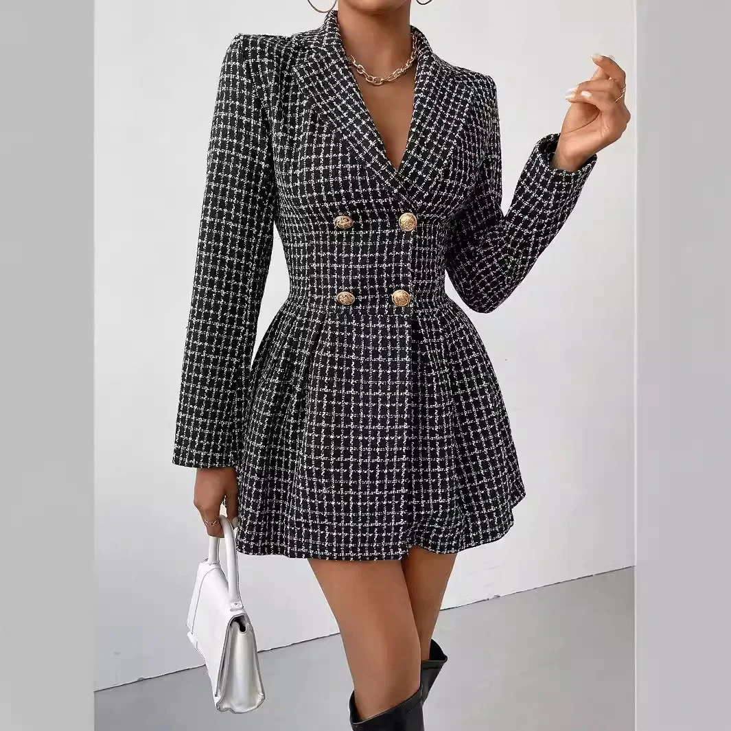 Long Sleeved Dress Jacket Women's Clothing New Fashionable and Versatile Plaid V-neck Y2k Skirt Jacket Streetwear 2024 Winter