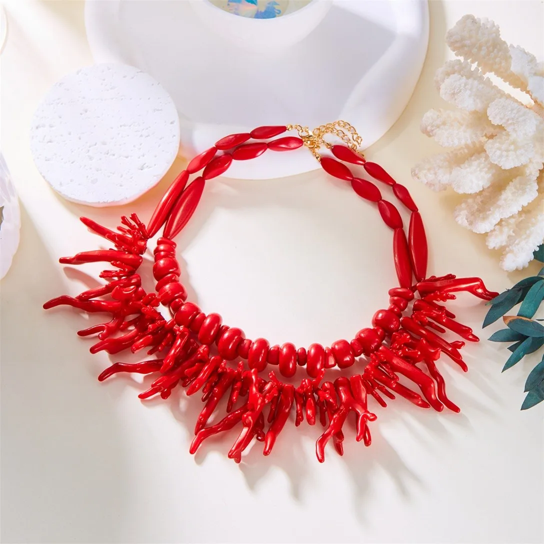 Pendant Necklace Stylish Exaggerated Bohemian Red Coral Irregular Geometric Two Piece Stainless Steel Necklace Accesorios Mujer