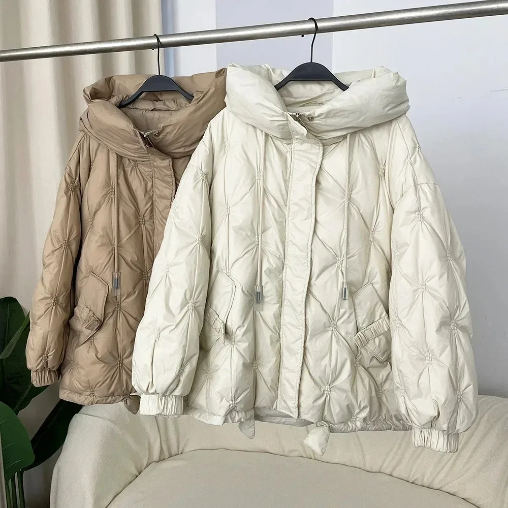 2024 Autumn Winter Korean Style Loose Warm Hooded Down Jacket Women\'s Jacket Thickened 50% White Duck Down Jacket Coat