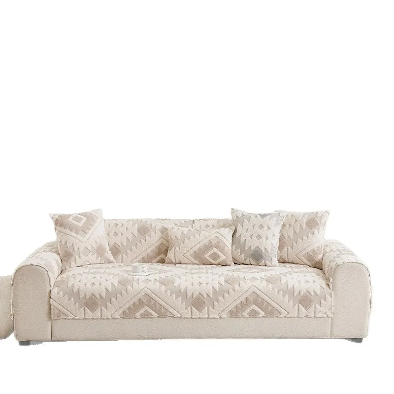 Plush bohemian all-season sofa cushion straight row anti-cat scratching leather sofa cover