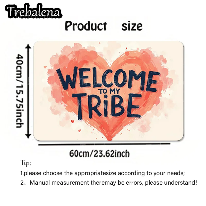 Alfombra de puerta de bienvenida, felpudo con estampado de corazón de bienvenida a mi tribu, alfombra de entrada suave y absorbente, 1 ud.