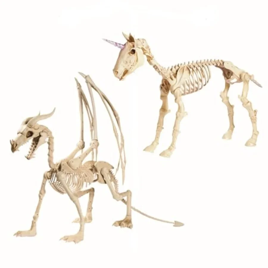 Halloween porch and yard decoration set: dragon skeleton 49 inches and unicorn skeleton (43 inches), PVC material, metallic gra