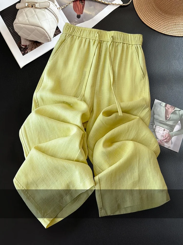 بنطلون واسع الساق للنساء صيفي جديد رقيق بخصر عالٍ نحيف من القطن والكتان مستقيم مريح وقابل للتنفس وفضفاض