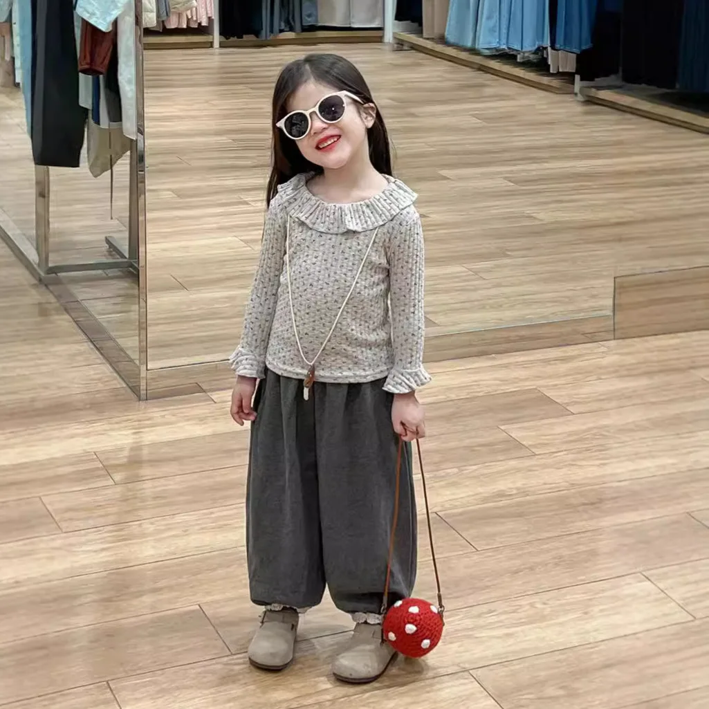 

Girls Suits 2024 Autumn New Childrens Clothes Baby Girls Sweet Lapel Sweater Lace Gray Sweatpants Two-piece Set Casual Simple