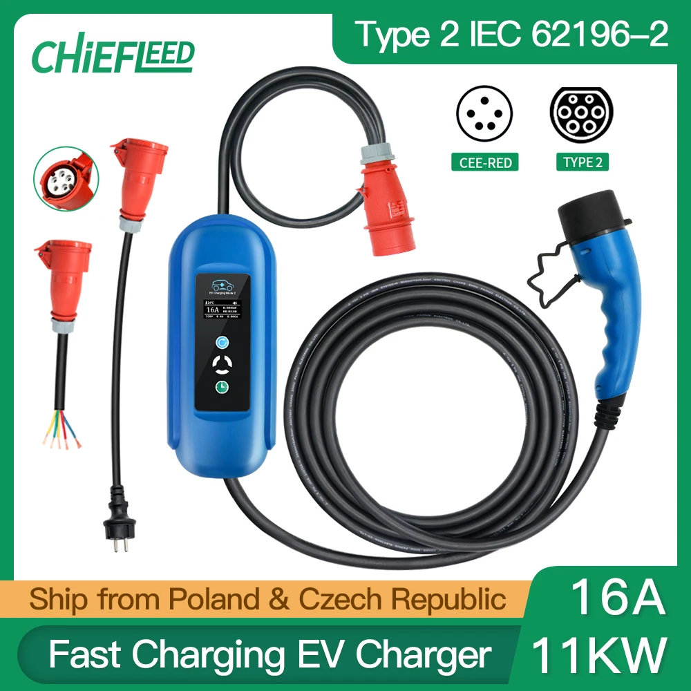 월박스 휴대용 충전 전기 자동차 하이브리드 자동차, 16A 3P 11kW 타입 2 레벨 2 AC Ev 충전기, IEC62196, 380-450V