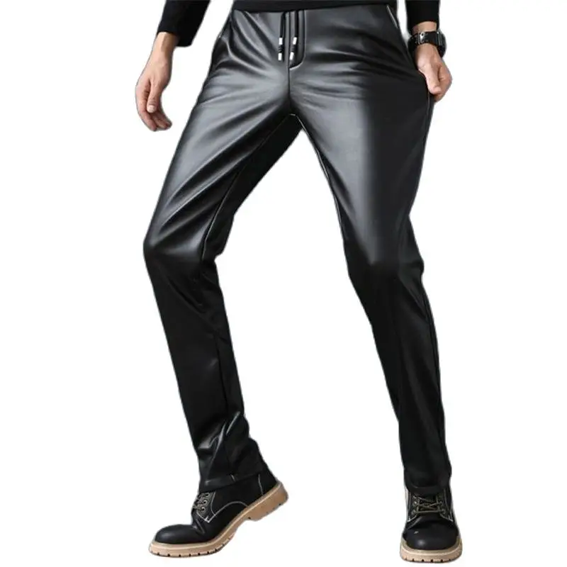 Male Thick Skinny Pu Pantalons Capris Man Hot Sale Leather Pants Velvet Slim Pu Trousers Warm Mid Elastic Motorcycle Pant