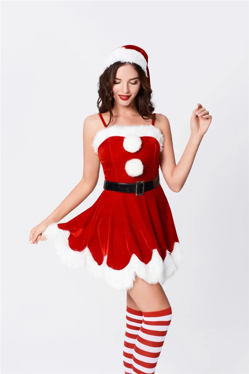 Vestido de Navidad de terciopelo rojo Sexy para mujer, traje de Cosplay de Santa Claus, ropa de fiesta de lujo