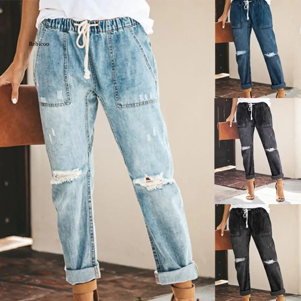 

Vintage Women's Jeans/Pants High Waist Distressed Ripped Denim Drawstring Elastic Waist Jeans Long Pants